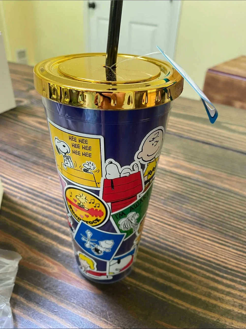 Peanuts Navy Blue Tumbler with Gold Lid NIB